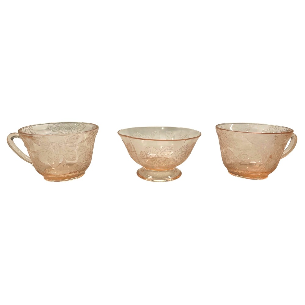 2 MacBeth-Evans Pink Dogwood Depression Glass Tea Cups and Bonus Sherbet Bowl